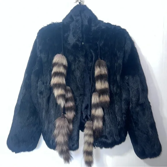 Rabbit Fur Zip Up Mob Wife Fur Coat With Tail Tassels Black M - Picture 1 of 15